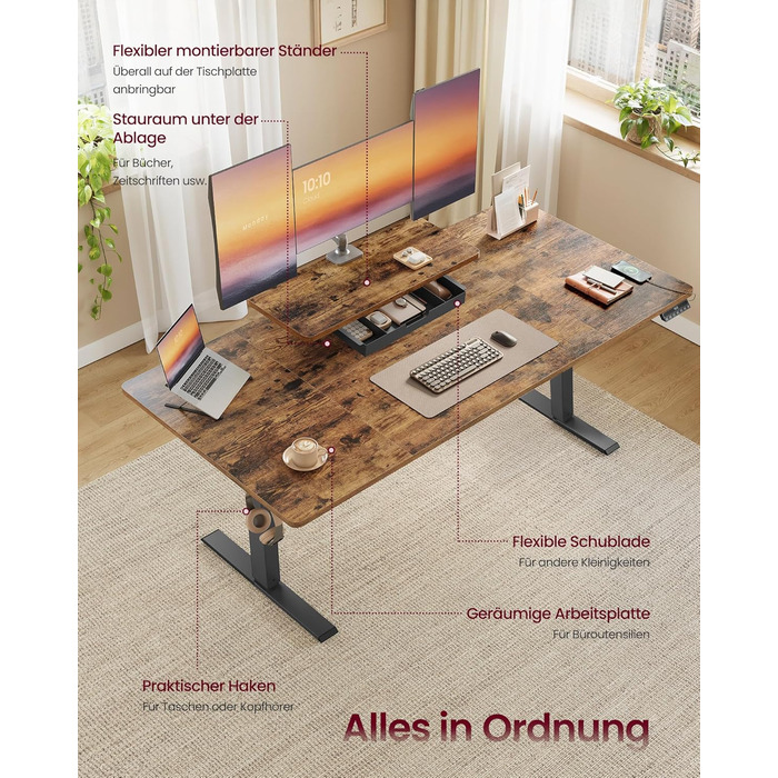 Стол для роботи VASAGLE з регулюванням висоти, 160 x 80 см, з підставкою для монітора, шухлядою та USB-C, нагадування про рух, для офісу, вінтажний коричневий