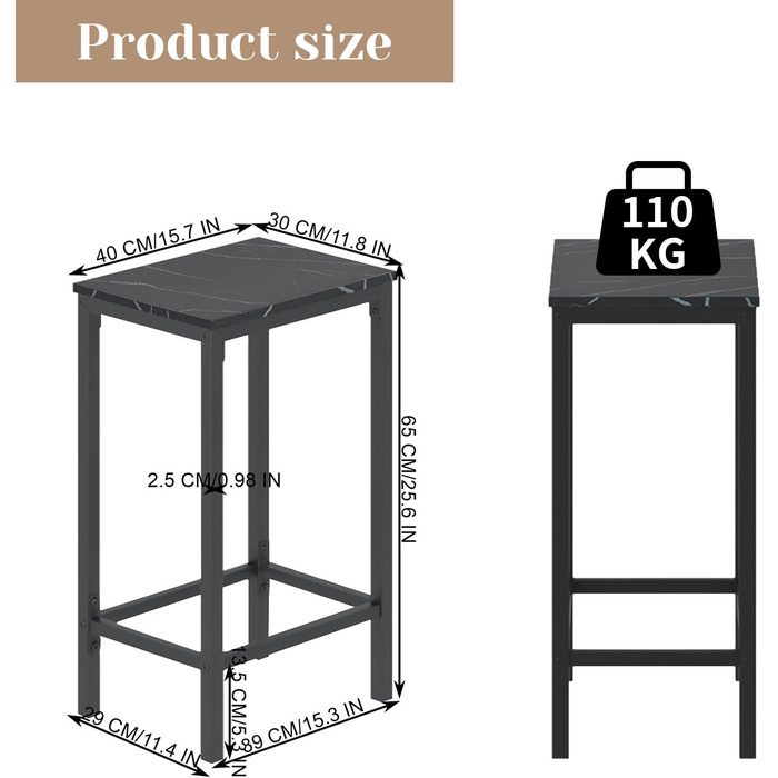 Набір барних столів ReseeZac 4 барні стільці, візерунок чорний мармур, стіл 100х60х90см, табурет 30х40х65см
