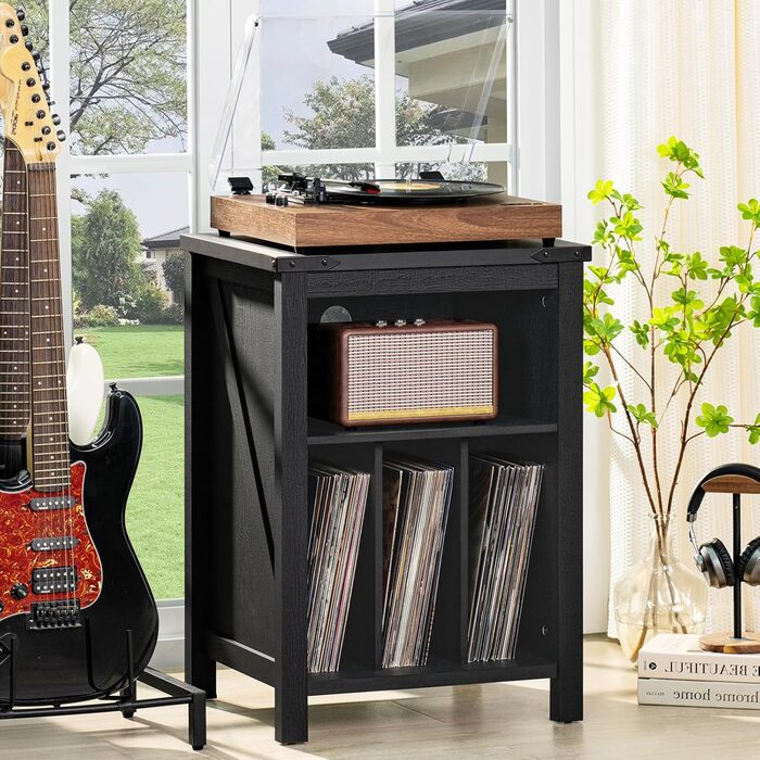 Підставка для програвача вінілу з місцем для платівок, чорна. Місце для 160 платівок. Дерев'яна підставка-шафа для програвача, полиця для вітальні, спальні, офісу