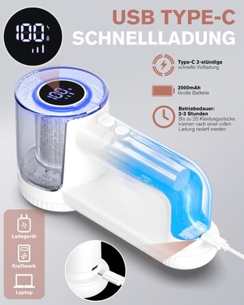 Електричний видальник ворсу Homtronics з USB-зарядкою, LED-дисплеєм та 6-кліновою головкою для одягу, диванів та килимів (білий)