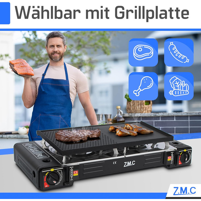 Газовий набір для кемпінгу ZMC: 2-горілкова плита, адаптер для LPG, 4 балончики 227г, кейс, 2.5kW, Piezo-запалювання, для відпочинку на природі та вдома