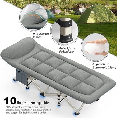 Розкладне кемпінгове ліжко CALIYO, польове ліжко для гостей до 200 кг, 190 x 68 x 40 см, з сумкою для зберігання, світло-сіре