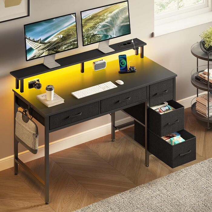 Комп'ютерний стіл Seventable з розетками та LED-підсвічуванням, 100 см, ігровий стіл з 5 ящиками та підставкою для монітора, для офісу, робочого кабінету, спальні, вітальні, чорний