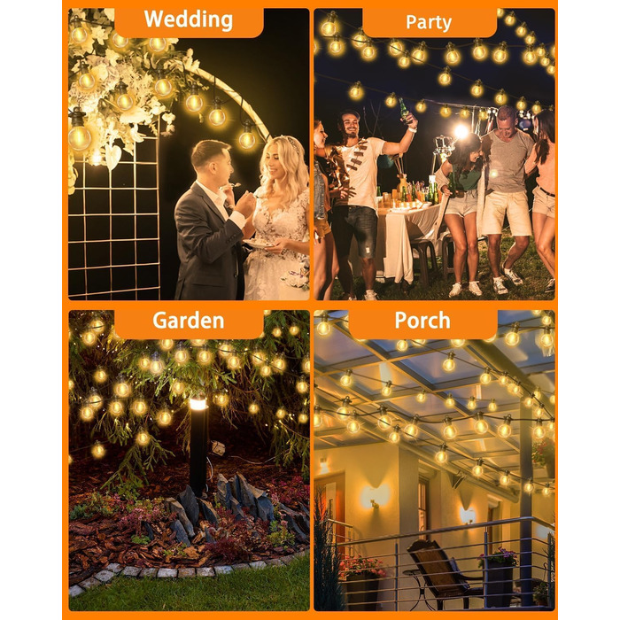 LED гірлянда для зовнішнього використання, G40 лампочки, ABS пластик, сонячна, вологостійка, для романтичного декору саду та балкону (24V, 20M, 33 лампочки)