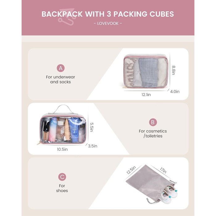 Рюкзак для ручної поклажі LOVEVOOK 40L, сірий/рожевий, для ноутбука 17.3