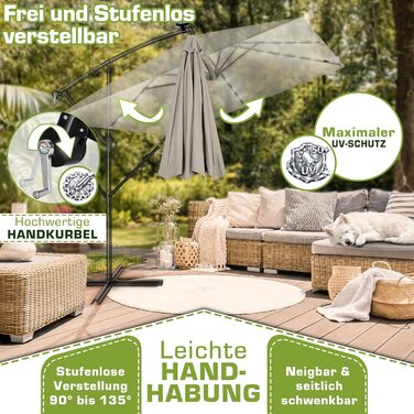 Прямокутна алюмінієва парасолька від сонця tillvex® 330 см з LED-підсвіткою, ручкою та чохлом, боковий стілець-опора, захист від UV та води (Taupe)