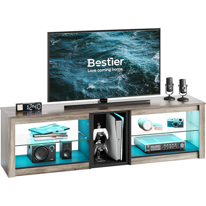 ТВ-тумба Bestier для телевізорів до 65 дюймів, 160x35x52 см з RGB-підсвічуванням та органайзером для кабелів, сірий колір
