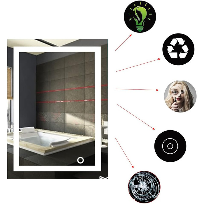 Дзеркало для ванної кімнати Kedia 50x70 см з підсвіткою LED, біле світло 6500K, сенсорне керування