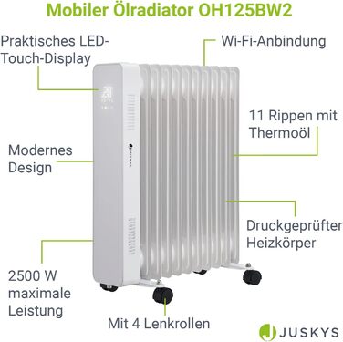 Масляний радіатор електричного обігрівача Juskys 2500 Вт Енергозбереження - керування Wi-Fi, пульт дистанційного керування, сенсорний дисплей, 24-годинний таймер і 2 налаштування нагріву - мобільні та електричні - (білий)