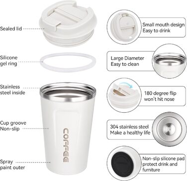 ERBO Термокружка для кави з нержавіючої сталі, 380 мл, 2 шт. (білий + рожевий), з кришкою, для кави на винос, екологічна