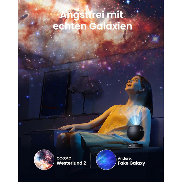 Проєктор зоряного неба POCOCO Sternenhimmel, LED Галактика для дітей та дорослих, Планетарій з 2 дисками, Нічник-Аврора, Таймер, для сну та релаксації (Чорний)