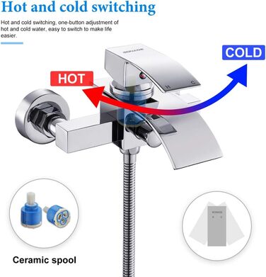 Набір для ванни з водоспадом: змішувач, душова лійка, шланг, кріплення для стіни (хром)