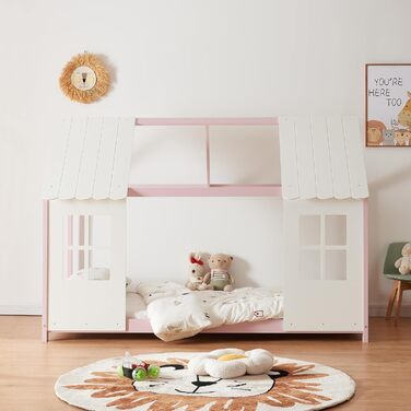 Дитяче ліжко Tostedt: хатинка, ліжко-ігровий будиночок, ліжко для підлітків, модель Bettenhaus, напіввідкрите дизайну, ліжко Монтессорі з масиву сосни, 120x200 см, рожево-біле