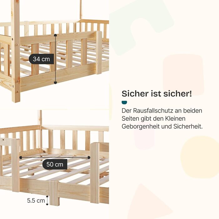 Дитяче ліжко en.casa Treviolo з матрацом, будиночок, ліжко-платформа для дітей, захист від падіння, ліжко Montessori, ігрове ліжко, сосна, білий (дерево, 70 x 140 см)