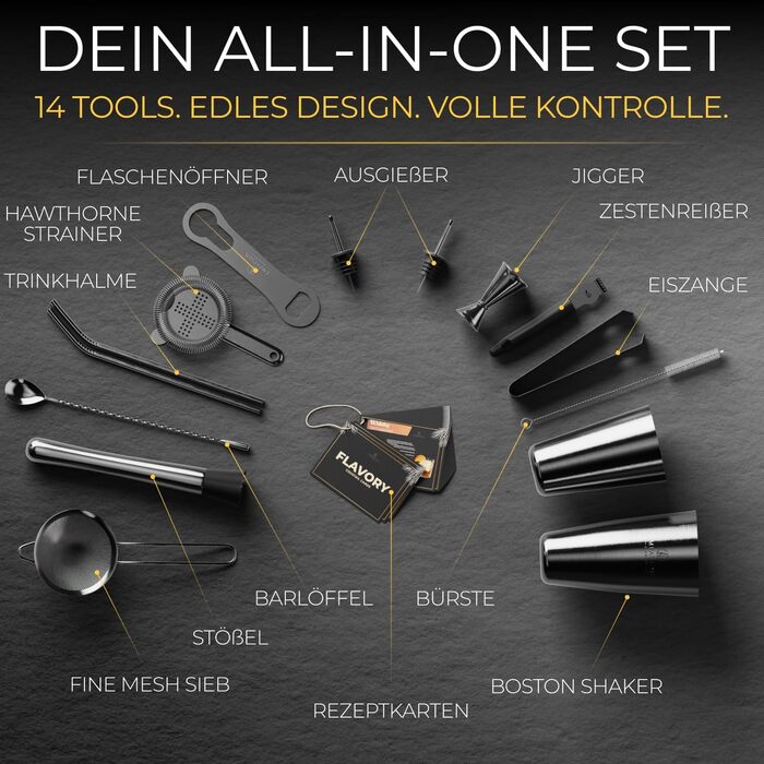 Коктейльний набір Schwarz 14 предметів: шейкер Бостон 825 мл, аксесуари для коктейлів, рецепти, професійний та початківець, подарунковий набір чорний