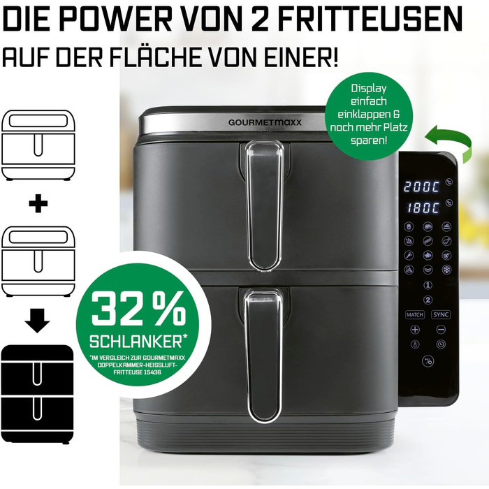 Фритюрниця повітряна GOURMETmaxx з 2 камерами, 10 л, сіра | 2x 5 л | з сенсорним дисплеєм