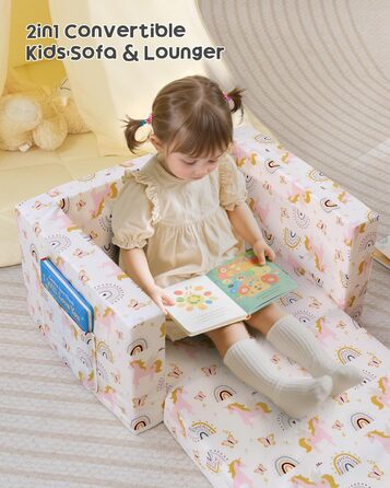 Дитяче розкладне диван-крісло BEJOY 2 в 1, Sherpa, з єдинорогом, бежевий, для дитячої кімнати, подарунок на день народження