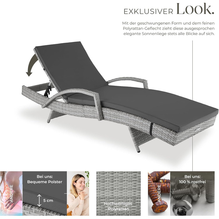 Шезлонг Tectake з поліротангу, регульована спинка, стійкий до погодних умов, з м'яким матрацом, для саду, балкону та тераси (світло-сірий)