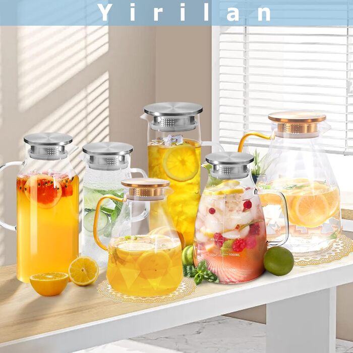 Скляна карафа Yirilan 1.5L з кришкою, 51 унція, для води, 2L