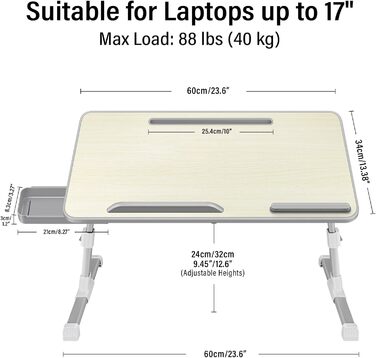 Столик для ноутбука в ліжко, регульований, з ящиком, 60x34 см, бежевий