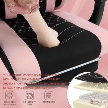 Ігровий крісло WOLTU з масажем, комп'ютерне ергономічне крісло з кишеньковим пружинним сидінням, підтримкою попереку, подушкою для голови, підставкою для ніг, поворотне, 150 кг, рожево-біле (чорно-рожеве, сітчаста тканина)