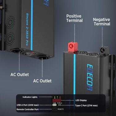 Інвертор 2000 Вт Перетворювач чистої синусоїди напруги 12 В 230 В LCD 2 X USB і пульт дистанційного керування Перетворювач 2000 Вт і короткочасний піковий 4000 Вт Інвертор 2000 Вт 12 В