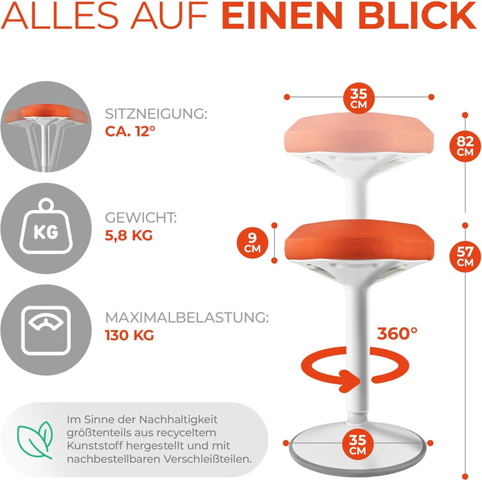 Офісний стілець-сідалка SMART-Sitzen з ефектом свингу, регульована висота, обертовий, помаранчевий. Ергономічний стілець для дому та офісу, нековзний.