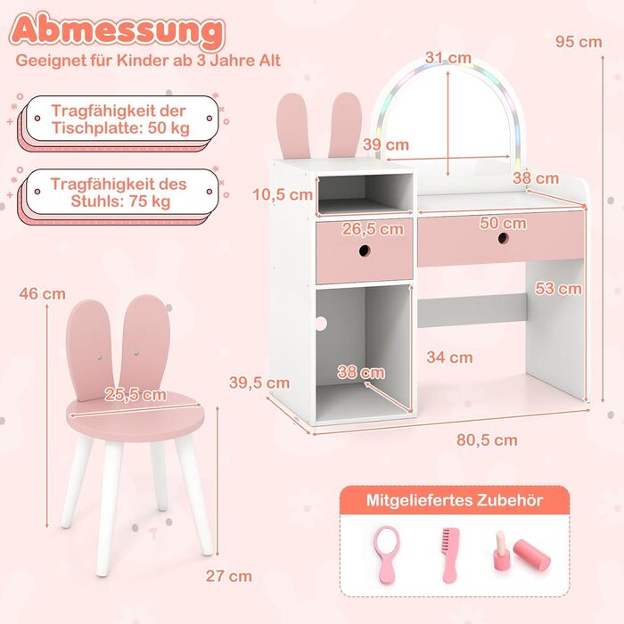 Дитячий туалетний столик COSTWAY з підсвічуванням та табуретом, білий, з 2 шухлядами та аксесуарами для дівчаток від 3 років