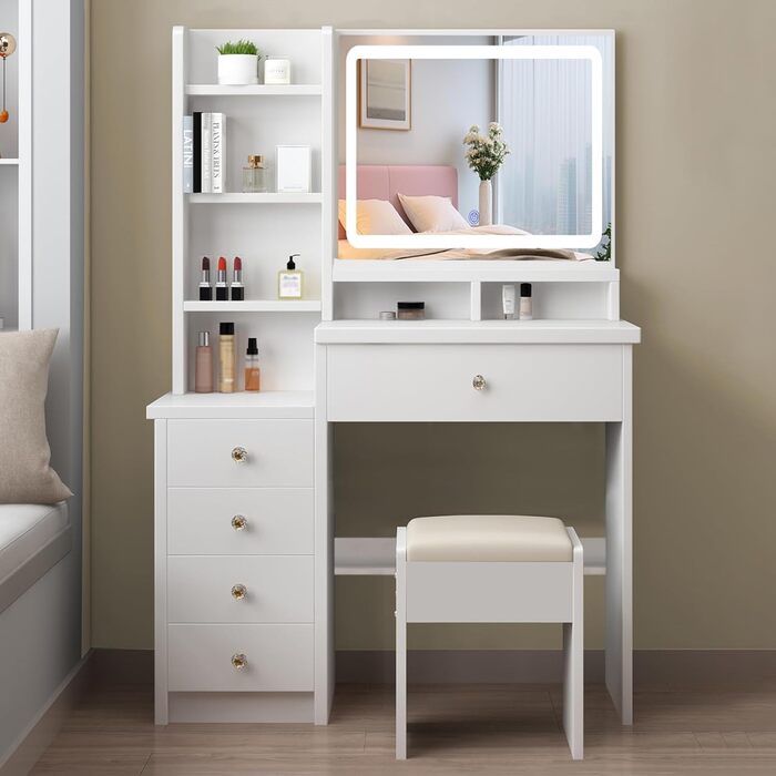 Дзеркальний туалетний столик з LED-підсвічуванням та пуфом, 6 шухляд, 3 відкриті полиці, для спальні, білий, з дерева