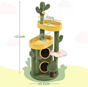 Висотою 123 см, Стильне дерево для лазіння на 2-3 кішки, з 2 платформами 2 печери, зелено-жовті