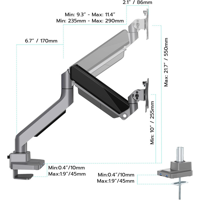 Кріплення для монітора ARES WING з USB A/C, 17'-45', регульована висота, вантажопідйомність 18 кг, VESA 75/100 мм, білий (сірий)