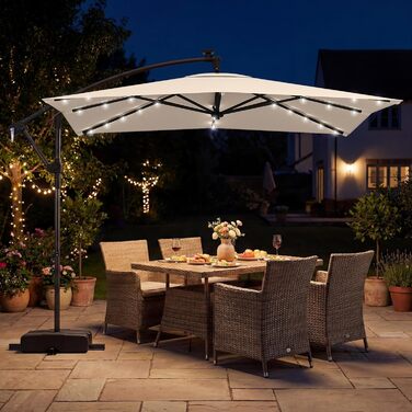 Садова парасолька COSTWAY 250x250 см з LED-підсвіткою, стійкою та рукояткою, квадратна сонцезахисна парасолька для тераси, басейну та двору, бежева