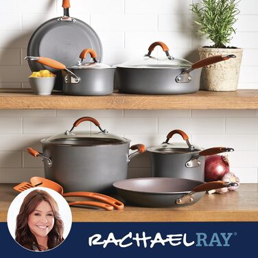 Набір кухонного посуду Rachael Ray Cucina Harteloxiertes, з антипригарним покриттям, з товстого алюмінію (сірий з помаранчевими ручками)