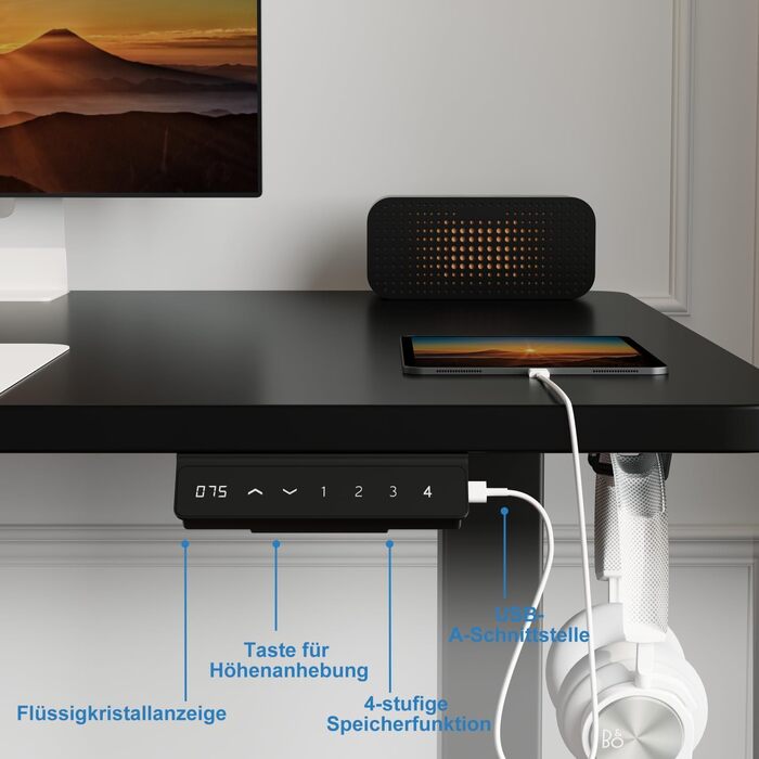 Регульований за висотою стіл Devoko з 2 моторами, 25 мм, 160x80 см, електричний, мобільний, з органайзером для кабелів, чорний. Ергономічний комп'ютерний стіл для офісу