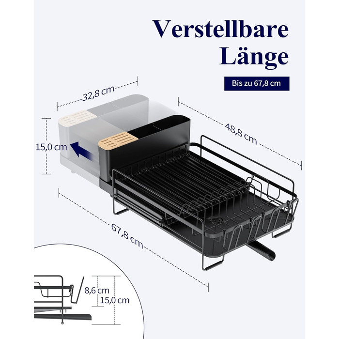 Сушилка для посуду Kitsure, висувна, багатофункціональна, з місцем для столових приборів, 67.8 x 32.7 x 14.9 см, чорна