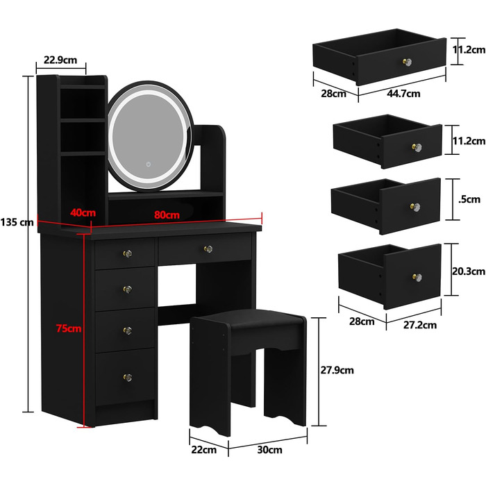 Туалетний столик зі світлодіодом, 3 кольори, 5 ящиків, дзеркало, табурет, чорний, 80x40x135 см, МДФ