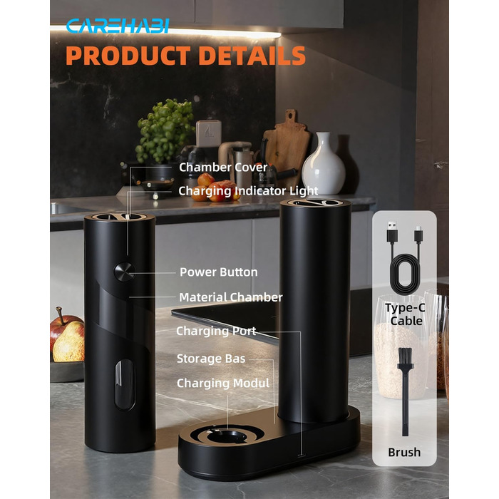 Електричний набір для солі та перцю з зарядною станцією, об'єм 110 мл, перезаряджувана млинка для солі з 5 рівнями, керамічна млинка з щіткою, 2 шт., чорний