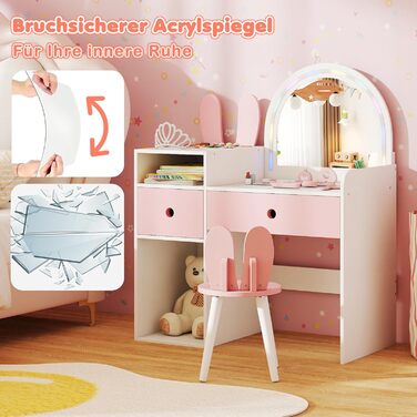 Дитячий туалетний столик COSTWAY з підсвічуванням та табуретом, білий, з 2 шухлядами та аксесуарами для дівчаток від 3 років
