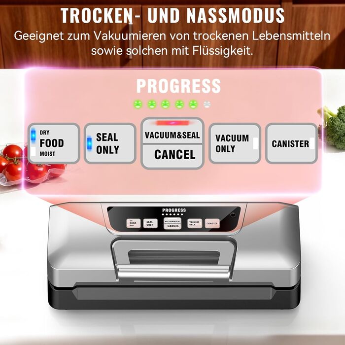 Вакууматор для продуктів Gavasto з подвійним насосом 90кПа, 9л/хв, LED-дисплеєм та режимами «Волого/Сухо», сріблястий