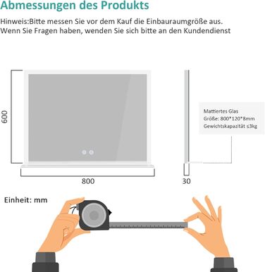 Дзеркало для ванної кімнати EMKE з підсвічуванням 80x60 см, з полицею, антизапар, регульоване холодне біле світло 6500K, сенсорне управління, функція пам'яті, прямокутне дзеркало для ванної кімнати (з полицею) 80Ш x 60В см