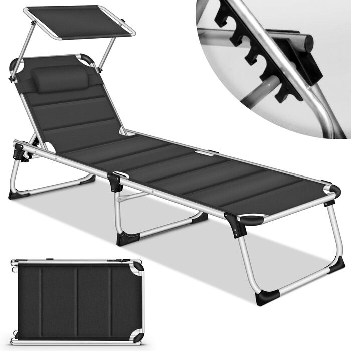 Сонячне ліжко Tillvex® з дахом та подушкою для голови | Садова розкладна ліжко-шезлонг | Пляжне ліжко з регульованою спинкою | Алюмінієва ліжко (з преміум-подушкою), Чорний