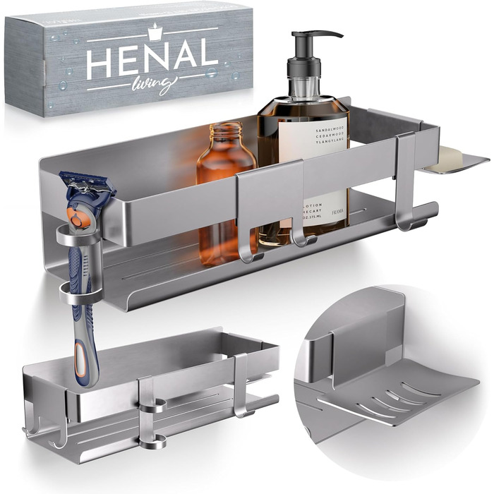 Набір для зберігання в душі Henal 5 в 1: поличка, тримач для бритви, для скребка, мильниці та гачка. Нержавіюча сталь, матове покриття, без свердління. Організатор для ванної кімнати XXL