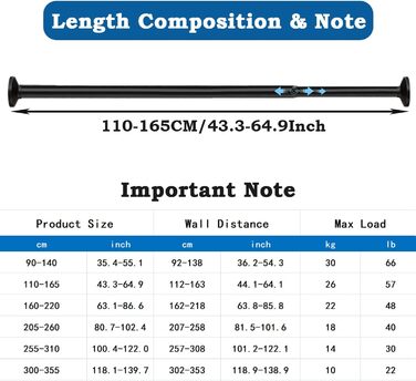 Душова рейка без свердління, висувна, телескопічна рейка, карниз для штор (чорна, 110-165 см)