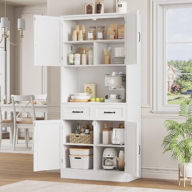 Кухонна шафа HOCSOK 180 см: буфет з робочою поверхнею, шафа для зберігання з 4 дверцятами та 2 ящиками, висока шафа-багатоцільова з регульованою полицею, білий