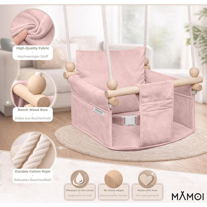 Дитяча гойдалка-крісло MAMOI® для дверей, дерев'яна гойдалка для малюків (Рожева)