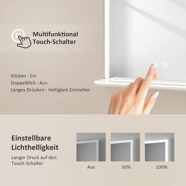 Дзеркало для ванної кімнати EMKE з підсвічуванням 80x60 см, з полицею, антизапар, регульоване холодне біле світло 6500K, сенсорне управління, функція пам'яті