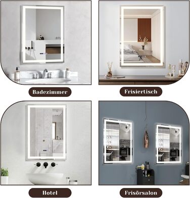 Дзеркало для ванної кімнати Mursche з підсвічуванням LED, 50x70 см, IP44, сенсорний вимикач, годинник, антизапар, регулювання яскравості 3000K-6500K