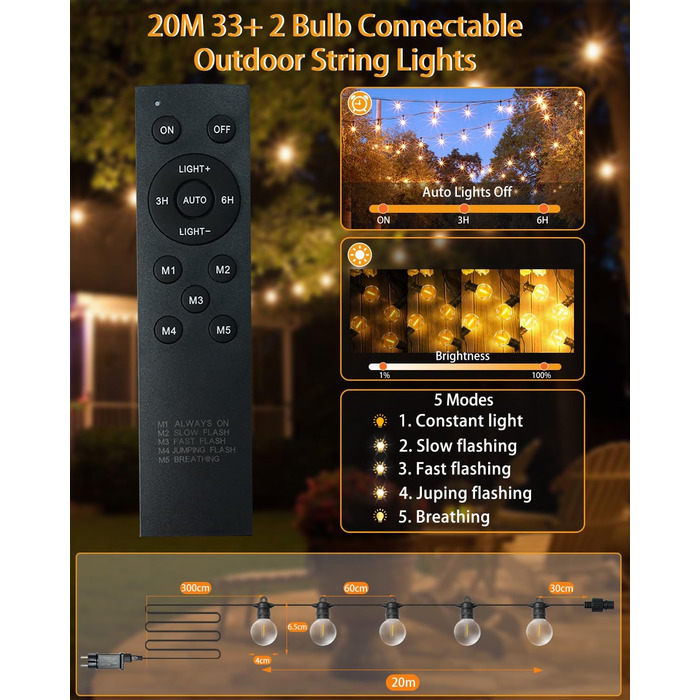 LED гірлянда для зовнішнього використання, G40 лампочки, ABS пластик, сонячна, вологостійка, для романтичного декору саду та балкону (24V, 20M, 33 лампочки)