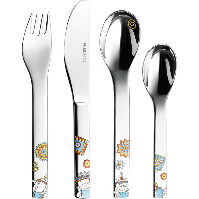 Дитячий посудовий набір Puresigns MOEMA 7-piece – Яскравий дизайн у стилі Дикого Заходу з вождем 'Мирна Корова' – Якісний нержавіючий сталь та порцеляна – Ідеально для днів народжень та особливих подій