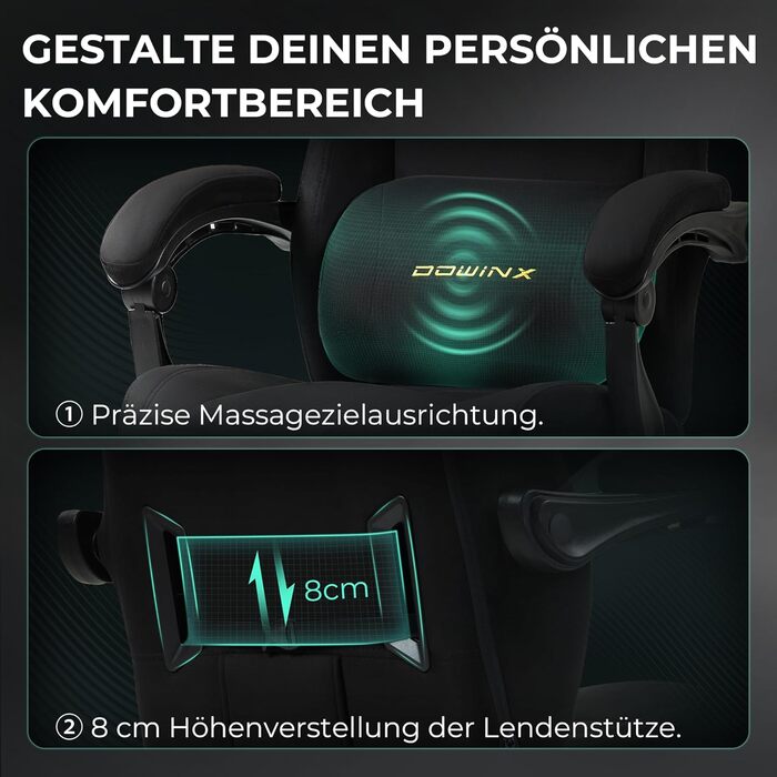 Ігровий крісло Dowinx з масажною поперековою подушкою, регульованою підголівником, потовщеним сидінням, висувною підніжкою, регульованими підлокітниками, мікрофібровим велюром, нахилом 160°, чорне